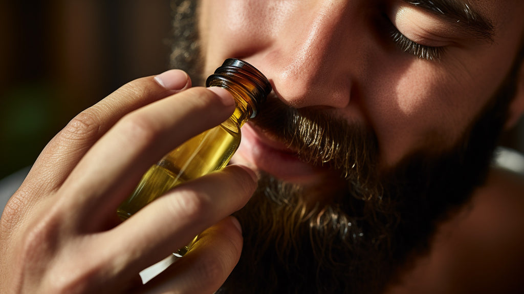 A man with a well-groomed beard applies a few drops of olive oil onto his hand and gently massages it into his beard.