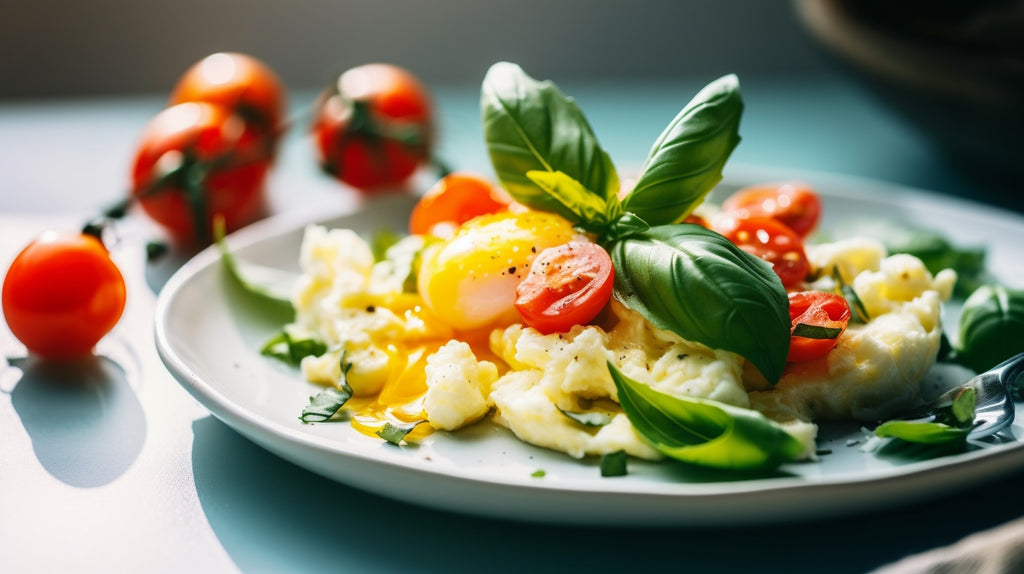A flavorful Caprese Scramble, cooked to perfection and finished with a drizzle of Croatian olive oil, capturing the essence of a delicious Italian-inspired breakfast.
