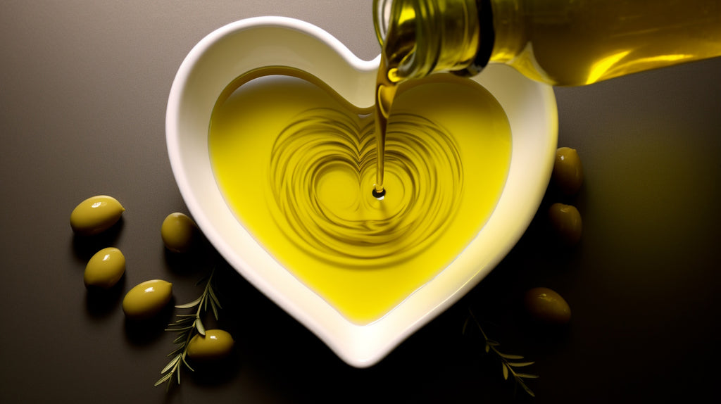 Olive oil gracefully poured into a heart-shaped bowl.