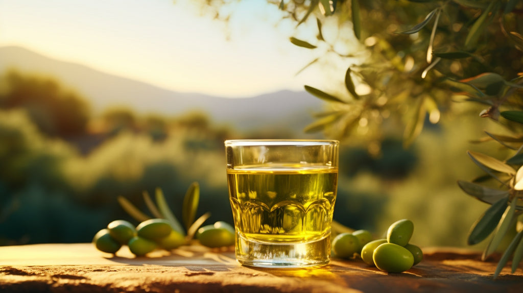 A shot glass filled with glistening olive oil, nestled amidst an olive orchard, with the radiant colors of a sunset cascading in the background.