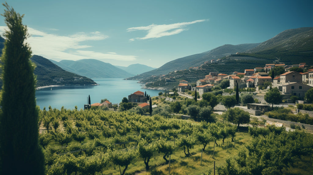 Croatian Seaside Town Embraced by Olive Groves: A captivating view of a picturesque Croatian coastal town enveloped by vibrant olive trees, blending the charm of the seaside with the allure of olive oil production.