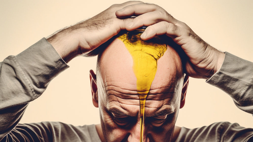 A bald man with a serene expression is shown covering his head with Selo Croatian olive oil, hoping to stimulate hair growth.